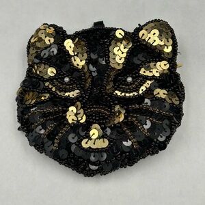 Black and Gold Sequin & bead Cat Face Coin purse